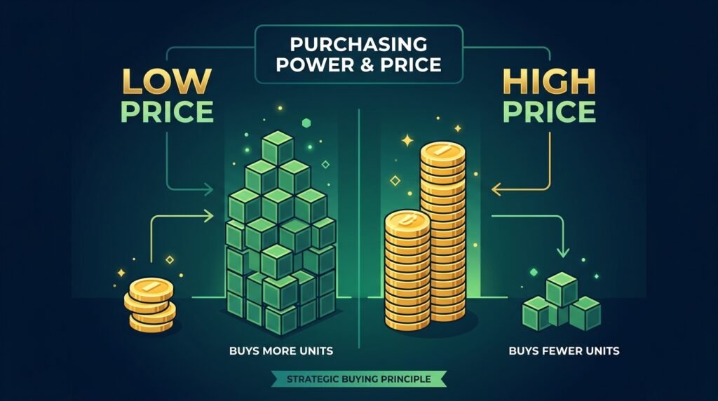 Rupee cost averaging illustration showing more units bought at lower price
