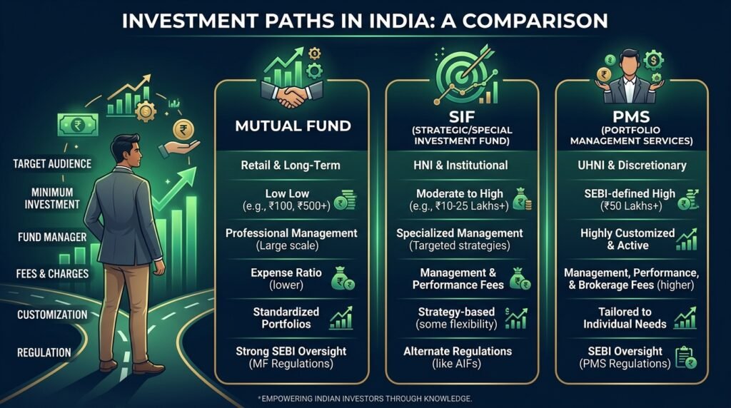 SIF vs Mutual Fund vs PMS comparison for Indian investors in 2026