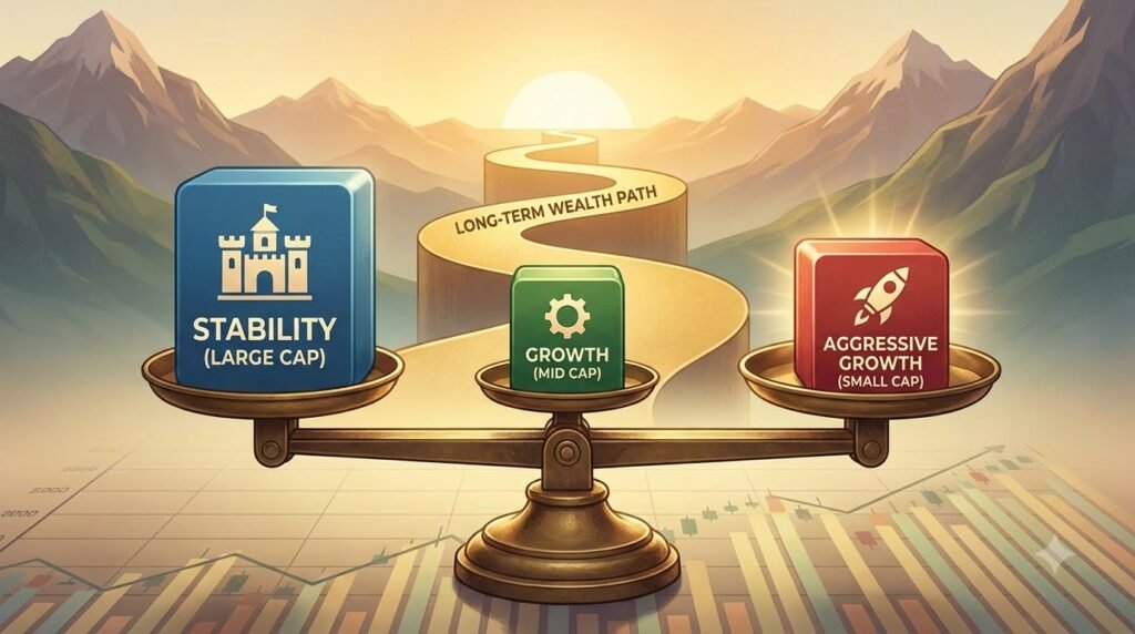 Balanced investment scale showing stability, growth and aggressive growth represented by large cap, mid cap and small cap, long-term wealth path in background