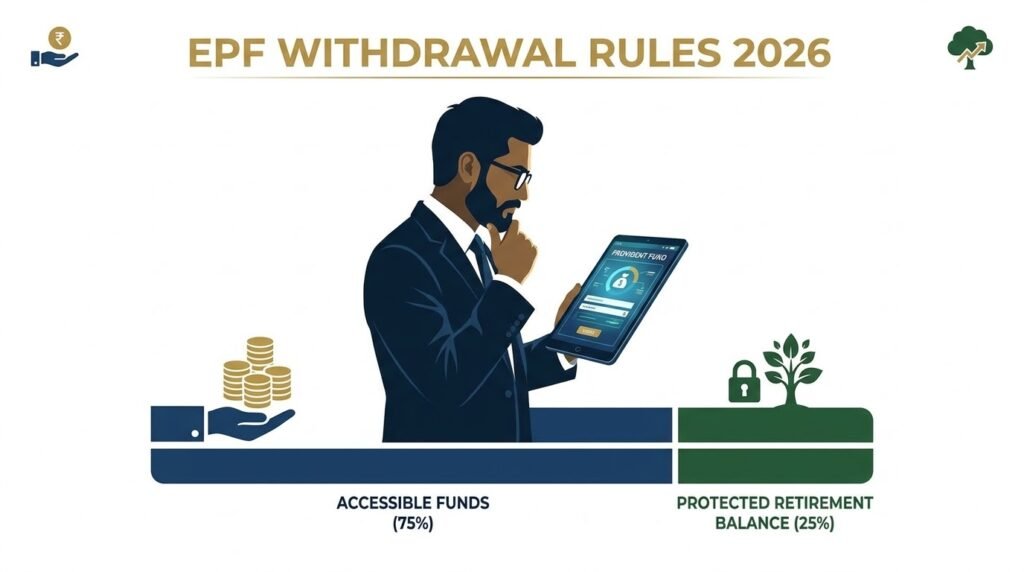 EPF Withdrawal Rules 2026 showing 75% withdrawal and 25% minimum balance