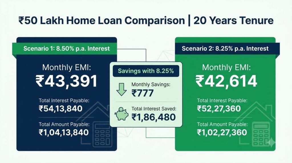 Home loan EMI comparison at 8.50 and 8.25 percent